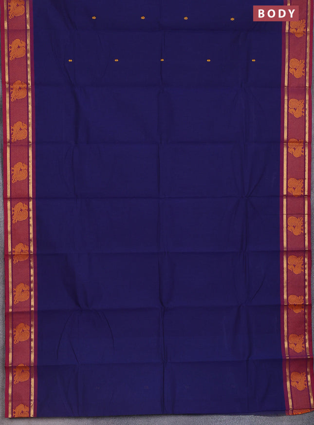 Chettinad cotton saree navy blue and maroon with thread woven buttas and zari woven annam butta border