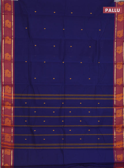 Chettinad cotton saree navy blue and maroon with thread woven buttas and zari woven annam butta border