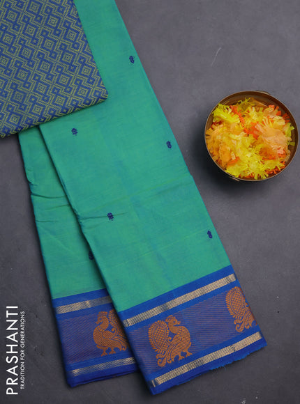 Chettinad cotton saree teal green and cs blue with thread woven buttas and zari woven annam butta border