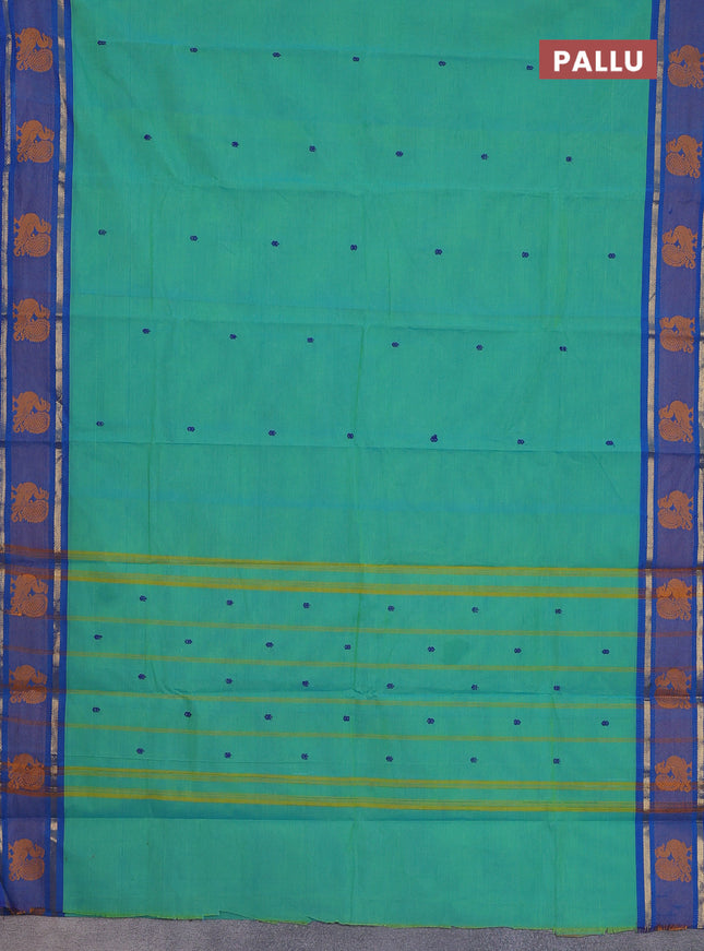 Chettinad cotton saree teal green and cs blue with thread woven buttas and zari woven annam butta border