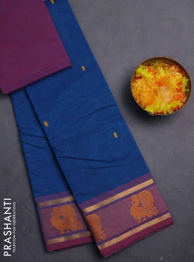 Chettinad cotton saree cs blue and maroon shade with thread woven buttas and zari woven annam butta border