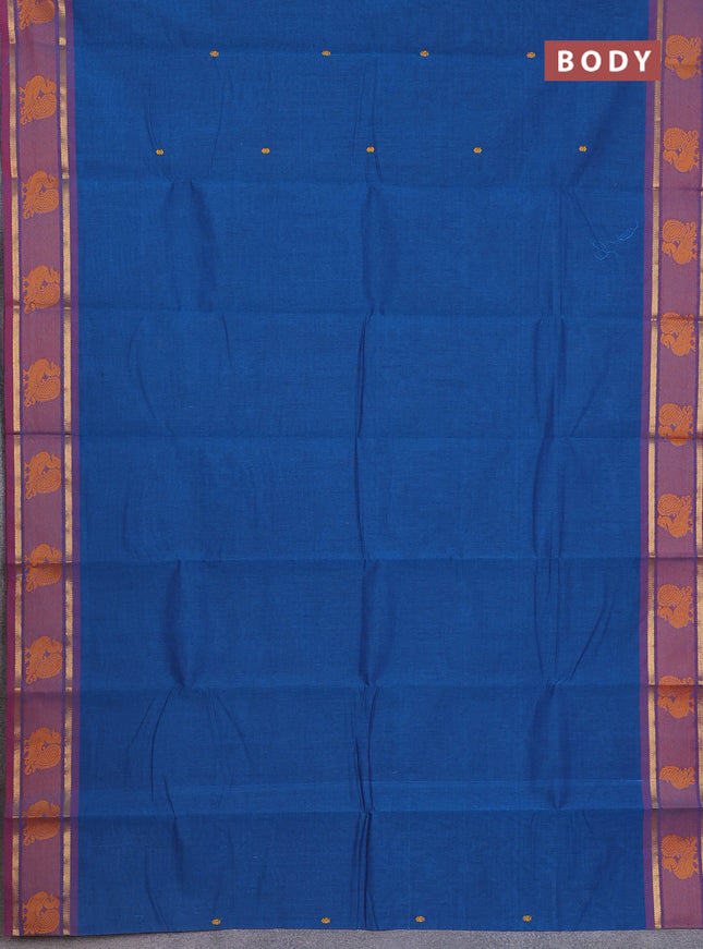 Chettinad cotton saree cs blue and maroon shade with thread woven buttas and zari woven annam butta border