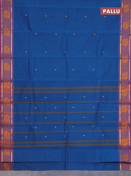 Chettinad cotton saree cs blue and maroon shade with thread woven buttas and zari woven annam butta border
