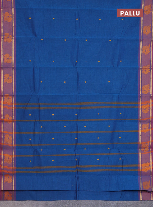 Chettinad cotton saree cs blue and maroon shade with thread woven buttas and zari woven annam butta border