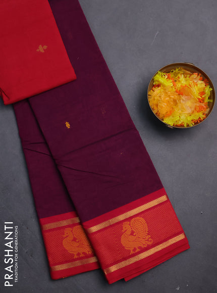 Chettinad cotton saree dark magenta pink and pink with thread woven buttas and zari woven annam butta border
