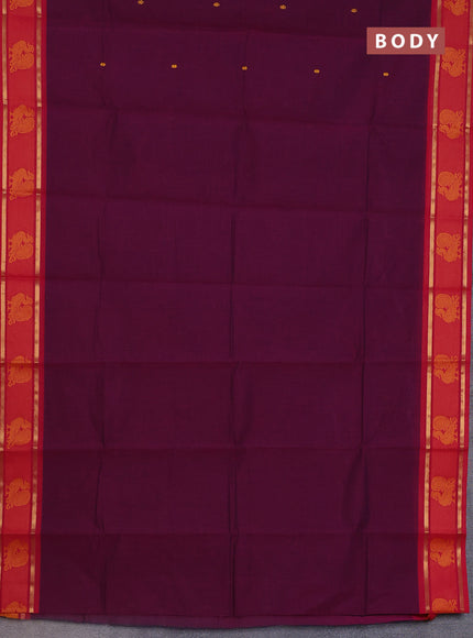 Chettinad cotton saree dark magenta pink and pink with thread woven buttas and zari woven annam butta border