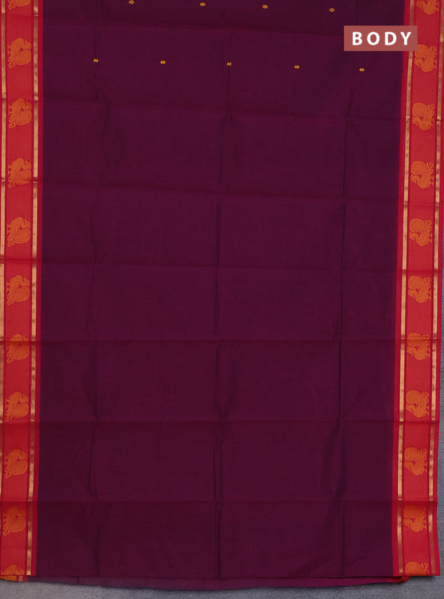 Chettinad cotton saree dark magenta pink and pink with thread woven buttas and zari woven annam butta border