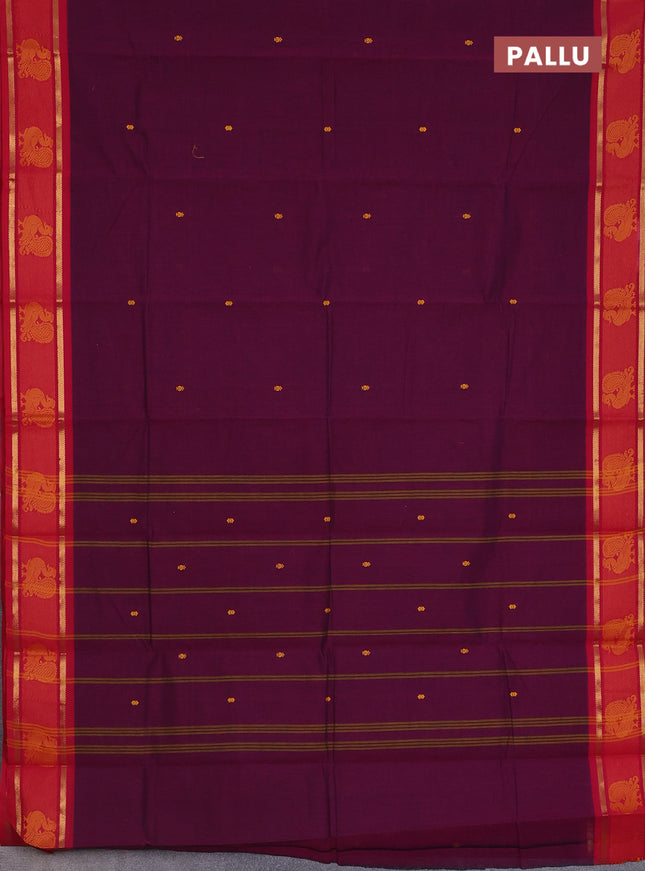 Chettinad cotton saree dark magenta pink and pink with thread woven buttas and zari woven annam butta border