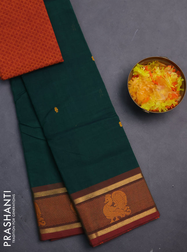 Chettinad cotton saree green and maroon with thread woven buttas and zari woven annam butta border