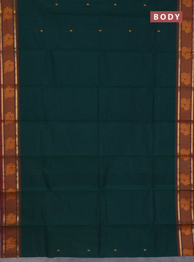 Chettinad cotton saree green and maroon with thread woven buttas and zari woven annam butta border
