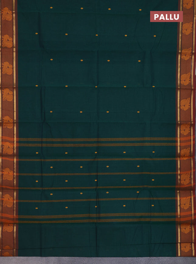 Chettinad cotton saree green and maroon with thread woven buttas and zari woven annam butta border