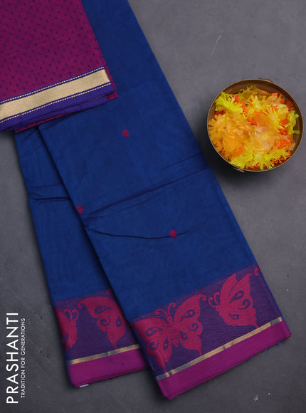 Chettinad cotton saree cs blue and magenta pink with thread woven buttas and thread & zari woven border