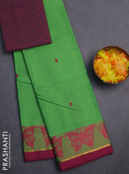 Chettinad cotton saree parrot green and magenta pink with thread woven buttas and thread & zari woven border