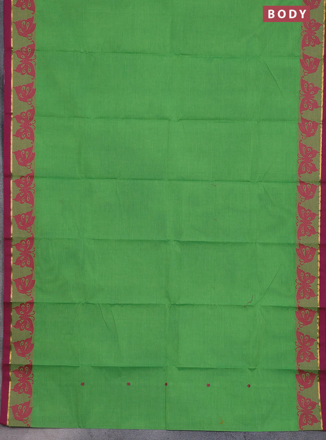 Chettinad cotton saree parrot green and magenta pink with thread woven buttas and thread & zari woven border