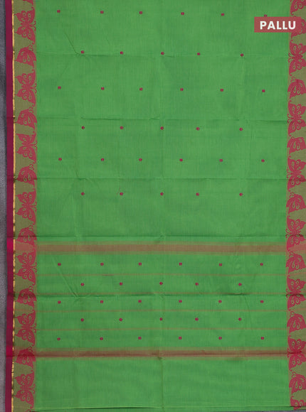Chettinad cotton saree parrot green and magenta pink with thread woven buttas and thread & zari woven border