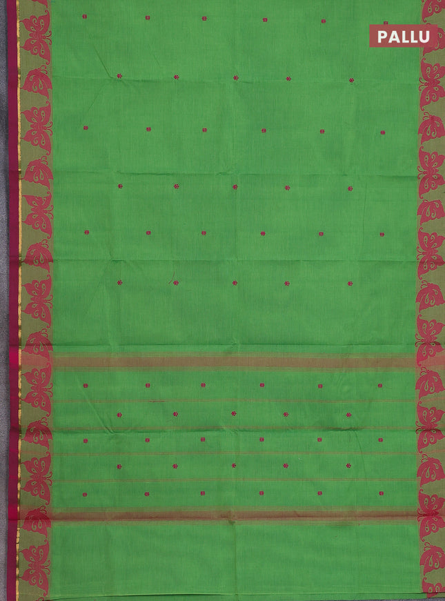Chettinad cotton saree parrot green and magenta pink with thread woven buttas and thread & zari woven border