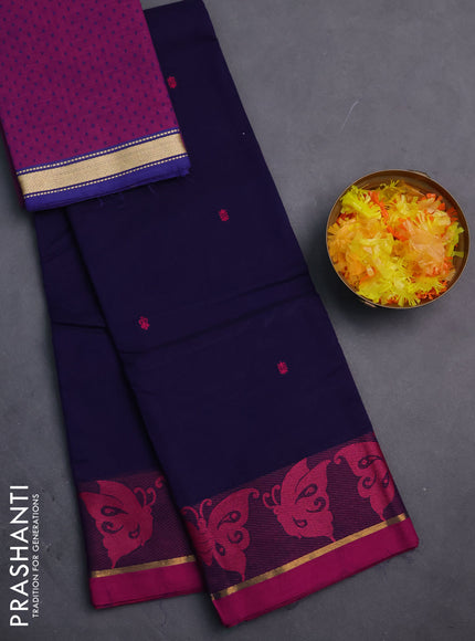 Chettinad cotton saree navy blue and magenta pink with thread woven buttas and thread & zari woven border