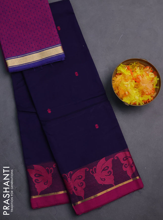 Chettinad cotton saree navy blue and magenta pink with thread woven buttas and thread & zari woven border