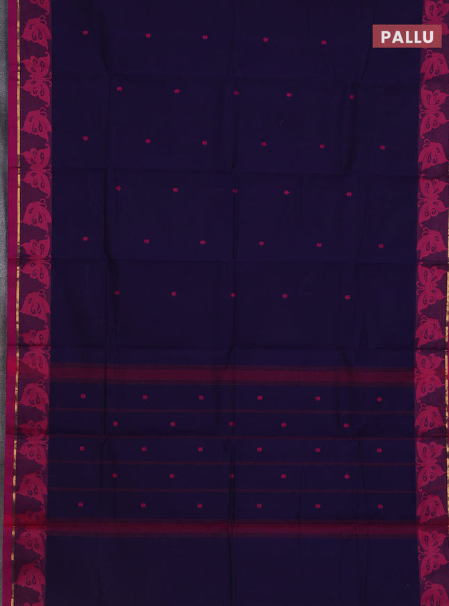 Chettinad cotton saree navy blue and magenta pink with thread woven buttas and thread & zari woven border