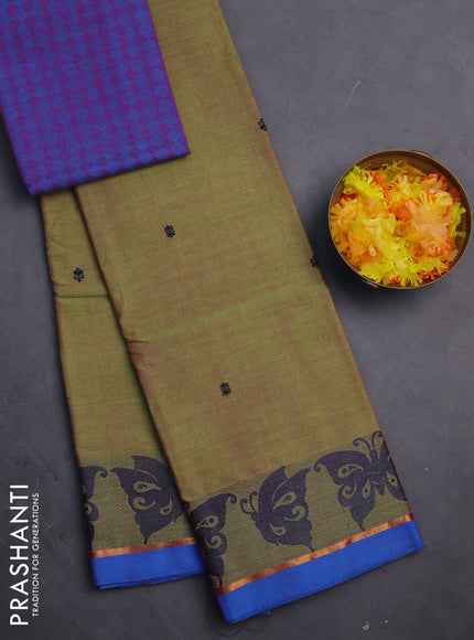 Chettinad cotton saree dual shade of green and cs blue with thread woven buttas and thread & zari woven border