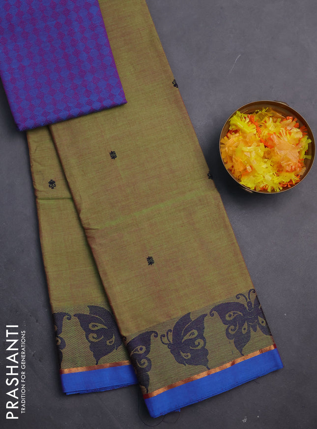 Chettinad cotton saree dual shade of green and cs blue with thread woven buttas and thread & zari woven border
