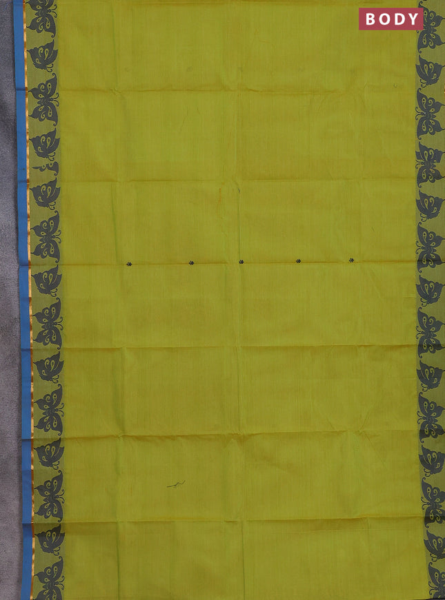Chettinad cotton saree lime green and cs blue with thread woven buttas and thread & zari woven border