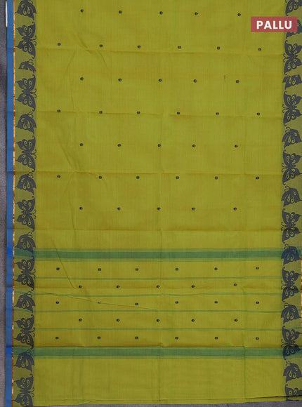 Chettinad cotton saree lime green and cs blue with thread woven buttas and thread & zari woven border