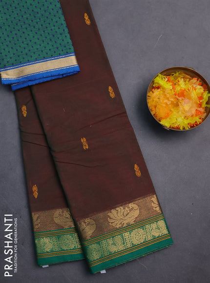 Chettinad cotton saree manthulir green and green with thread woven buttas and zari woven border
