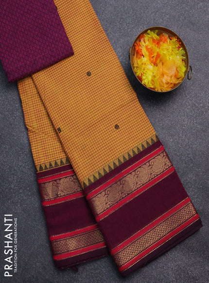 Chettinad cotton saree mustard yellow and dark magenta pink with allover checked pattern and rettapet zari woven border