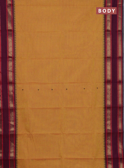 Chettinad cotton saree mustard yellow and dark magenta pink with allover checked pattern and rettapet zari woven border