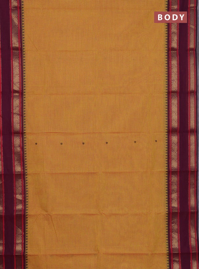 Chettinad cotton saree mustard yellow and dark magenta pink with allover checked pattern and rettapet zari woven border