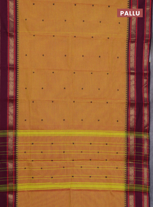 Chettinad cotton saree mustard yellow and dark magenta pink with allover checked pattern and rettapet zari woven border