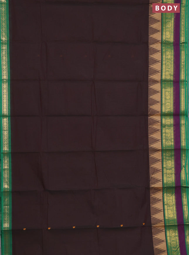 Chettinad cotton saree dual shade of deep maroon and green with thread woven buttas and temple design rettapet zari woven border