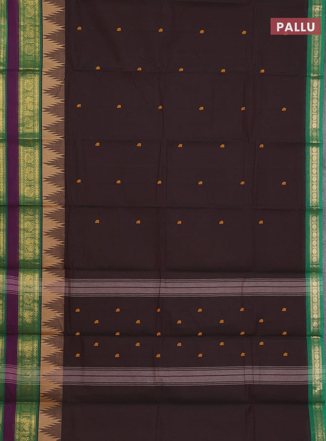 Chettinad cotton saree dual shade of deep maroon and green with thread woven buttas and temple design rettapet zari woven border