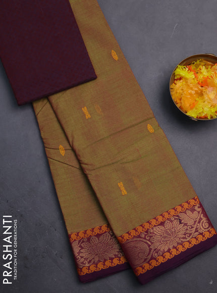 Chettinad cotton saree manthulir green and dark magenta pink with thread woven buttas and zari woven border