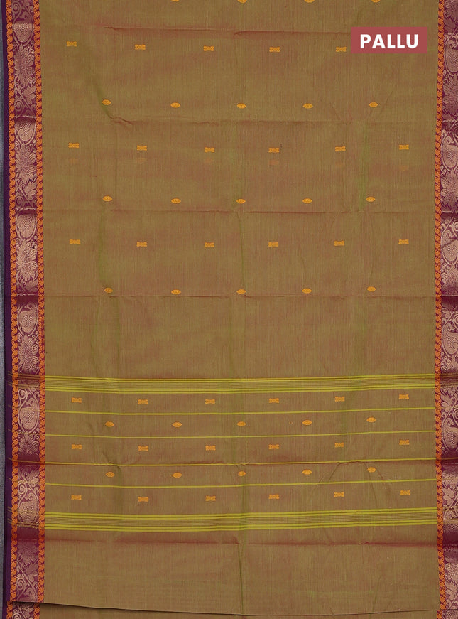 Chettinad cotton saree manthulir green and dark magenta pink with thread woven buttas and zari woven border
