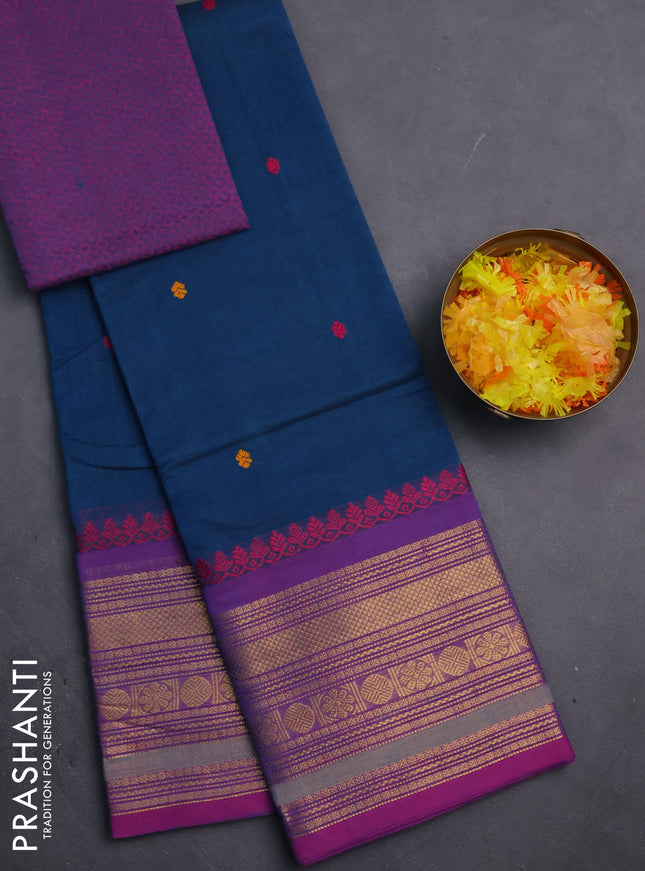 Chettinad cotton saree cs blue and magenta pink with thread woven buttas and zari woven border