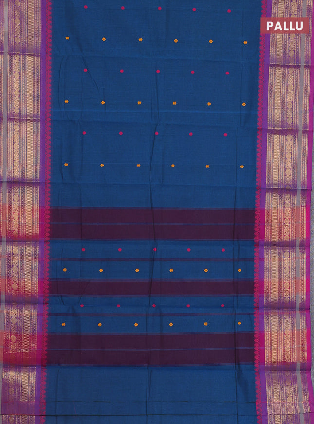Chettinad cotton saree cs blue and magenta pink with thread woven buttas and zari woven border