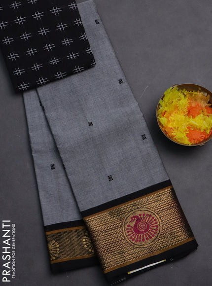 Chettinad cotton saree grey and black with thread woven buttas and zari woven border