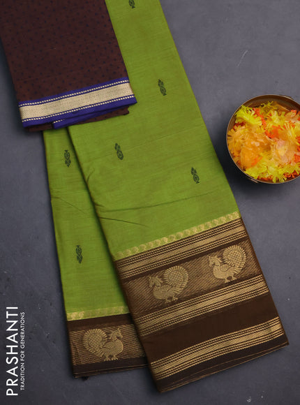 Chettinad cotton saree light green and brown with thread woven buttas and annam zari woven border