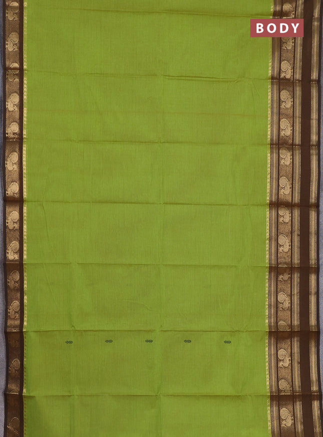 Chettinad cotton saree light green and brown with thread woven buttas and annam zari woven border
