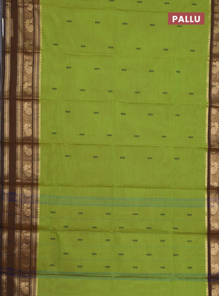 Chettinad cotton saree light green and brown with thread woven buttas and annam zari woven border