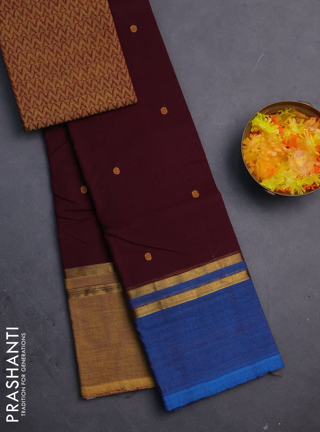 Chettinad cotton saree deep maroon and mustard yellow with thread woven buttas and ganga jamuna border