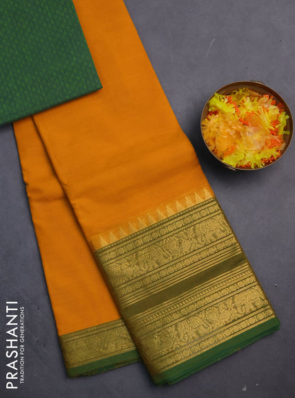 Chettinad cotton saree mango yellow and green with thread woven buttas and long zari woven border