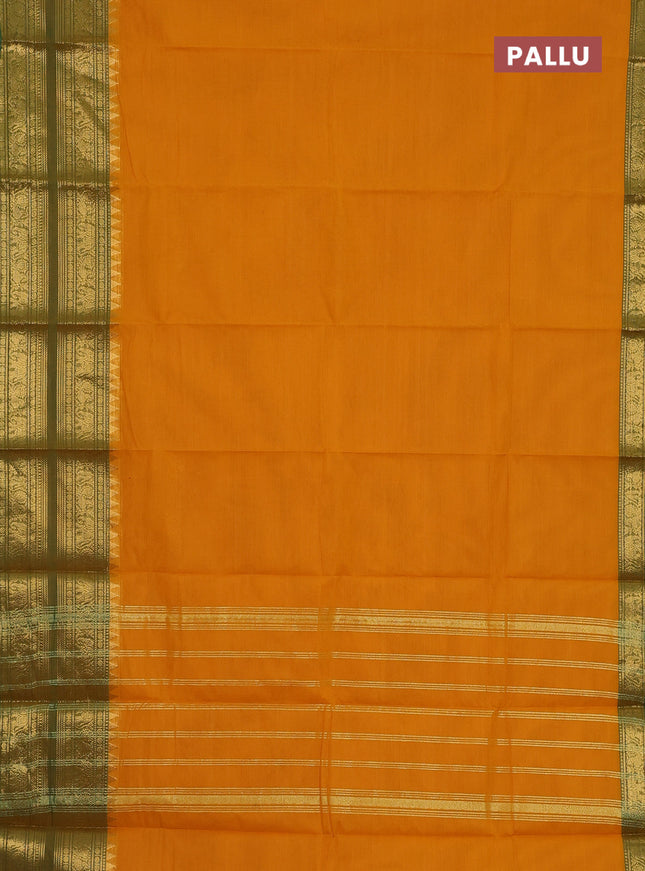 Chettinad cotton saree mango yellow and green with thread woven buttas and long zari woven border