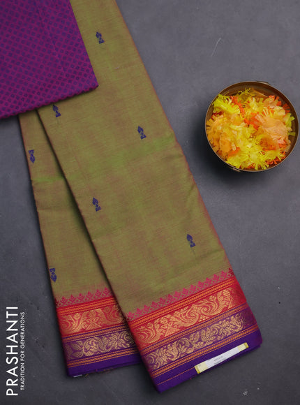 Chettinad cotton saree dual shade of green and pink blue with thread woven buttas and zari woven border