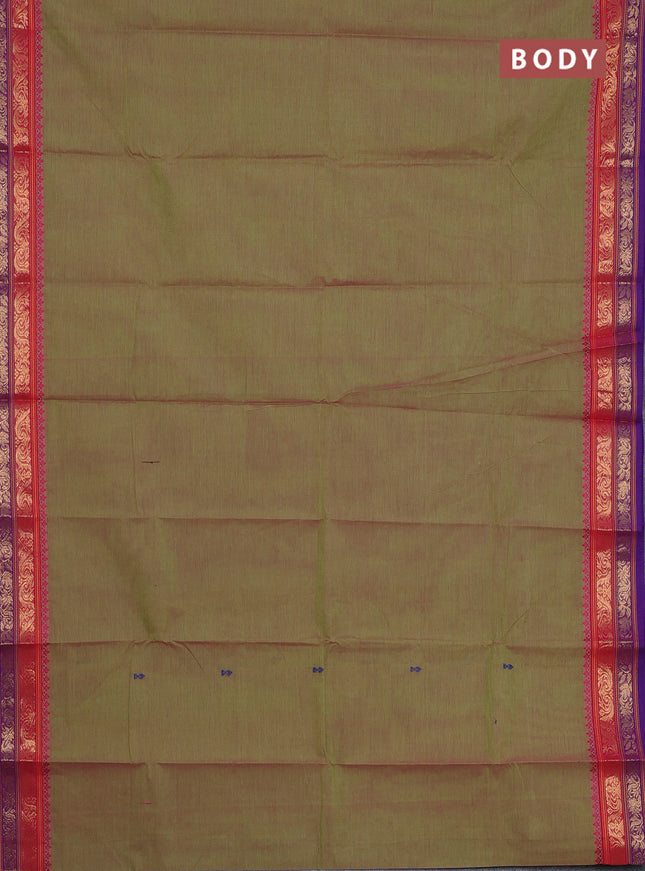 Chettinad cotton saree dual shade of green and pink blue with thread woven buttas and zari woven border