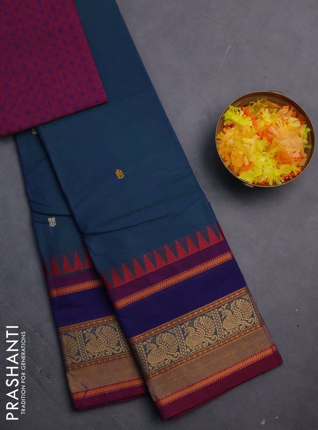 Chettinad cotton saree dual shade of green and maroon with thread woven buttas and thread woven simple border