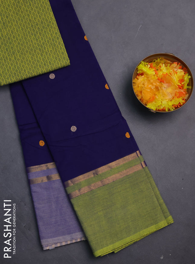 Chettinad cotton saree navy blue with thread woven buttas and ganga jamuna border