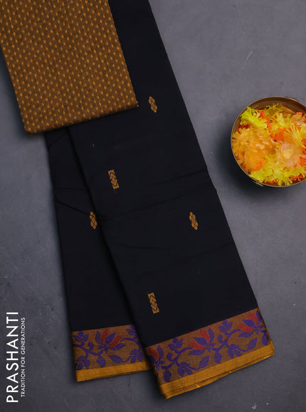 Chettinad cotton saree black and mustard yellow with thread woven buttas and thread woven border